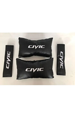 Honda Civic Nakışlı Deri 1 Çift Boyun Yastık Ve 1 Çift Kemer Pedi