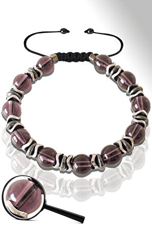 Sertifikalı Silver Hematitli Fuşya Cam Kuvars Taşı Bileklik - Ayarlamalı