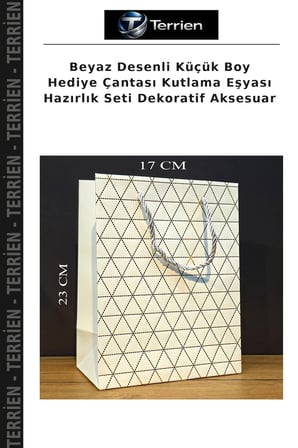 Beyaz Desenli Küçük Boy Hediye Çantası Kutlama Eşyası Hazırlık Seti Dekoratif Aksesuar