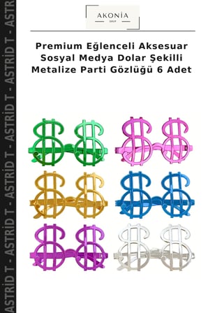 Premium Eğlenceli Aksesuar Sosyal Medya Dolar Şekilli Metalize Parti Gözlüğü 6 Adet