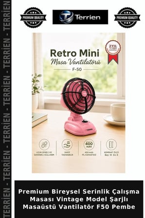 Premium Bireysel Serinlik Çalışma Masası Vintage Model Şarjlı Masaüstü Vantilatör F50 Pembe