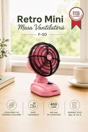 Premium Bireysel Serinlik Çalışma Masası Vintage Model Şarjlı Masaüstü Vantilatör F50 Pembe