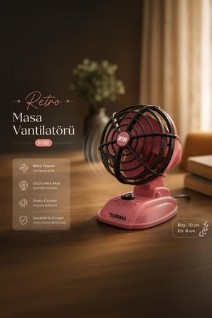 Premium Bireysel Serinlik Çalışma Masası Vintage Model Şarjlı Masaüstü Vantilatör F50 Pembe