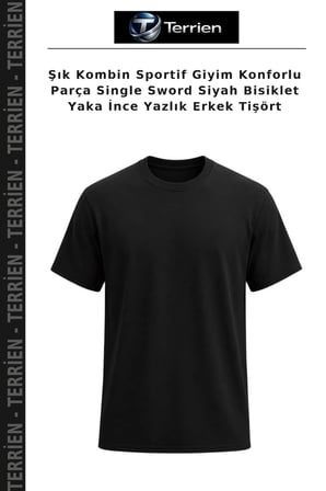 Şık Kombin Sportif Giyim Konforlu Parça Single Sword Siyah Bisiklet Yaka İnce Yazlık Erkek Tişört