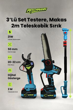 R-9108-9908-Sırık 3lü Set Şarjlı Testere ve Budama Makası ve 2 Metre Teleskobik Uzatma Kolu 21V - 3.0 Ah - Dijital Göstergeli