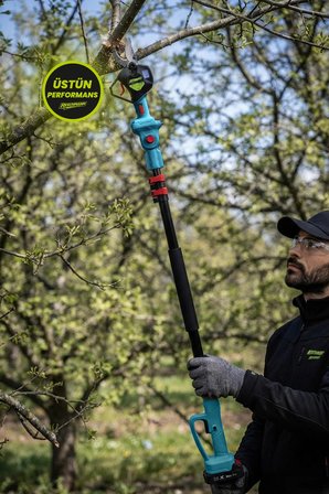 R-9108-9908-Sırık 3lü Set Şarjlı Testere ve Budama Makası ve 2 Metre Teleskobik Uzatma Kolu 21V - 3.0 Ah - Dijital Göstergeli