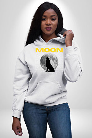 Ay Dolunay Uluyan Kurt Erkek Kadın Beyaz Dijital Baskılı Kapüşonlu Sweatshirt Hoodie