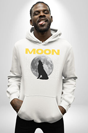 Ay Dolunay Uluyan Kurt Erkek Kadın Beyaz Dijital Baskılı Kapüşonlu Sweatshirt Hoodie