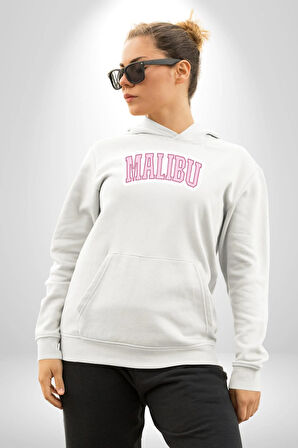 Malibu California Pembe  Erkek Kadın Beyaz Dijital Baskılı Kapüşonlu Sweatshirt Hoodie