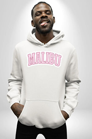 Malibu California Pembe  Erkek Kadın Beyaz Dijital Baskılı Kapüşonlu Sweatshirt Hoodie