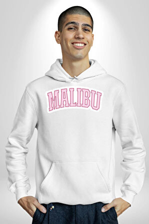 Malibu California Pembe  Erkek Kadın Beyaz Dijital Baskılı Kapüşonlu Sweatshirt Hoodie