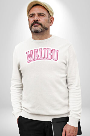 Malibu California Pembe  Erkek Kadın Unisex Dijital Baskılı Beyaz Sweatshirt