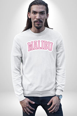 Malibu California Pembe  Erkek Kadın Unisex Dijital Baskılı Beyaz Sweatshirt