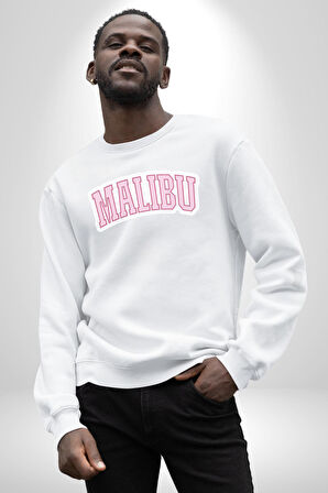 Malibu California Pembe  Erkek Kadın Unisex Dijital Baskılı Beyaz Sweatshirt