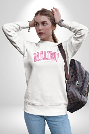 Malibu California Pembe  Erkek Kadın Unisex Dijital Baskılı Beyaz Sweatshirt