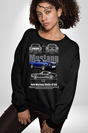 Klasik Araba Mustang GT 1967 Erkek Kadın Unisex Dijital Baskılı Siyah Sweatshirt