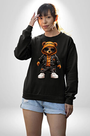 Hiphop Ayı Tedy Güneş Gözlük Deri Ceket Erkek Kadın Unisex Dijital Baskılı Siyah Sweatshirt