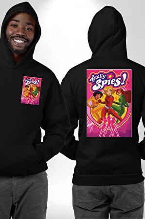 Totally Spies Casus Kızlar Çizgi Film Erkek Kadın Siyah Ön Sırt Baskılı Kapüşonlu Sweatshirt Hoodie