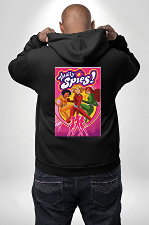 Totally Spies Casus Kızlar Çizgi Film Erkek Kadın Siyah Ön Sırt Baskılı Kapüşonlu Sweatshirt Hoodie