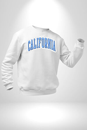 California Mavi Kollej Logo  Erkek Kadın Unisex Dijital Baskılı Beyaz Sweatshirt