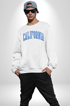 California Mavi Kollej Logo  Erkek Kadın Unisex Dijital Baskılı Beyaz Sweatshirt