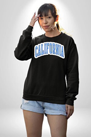 California Mavi Kollej Logo  Erkek Kadın Unisex Dijital Baskılı Siyah Sweatshirt