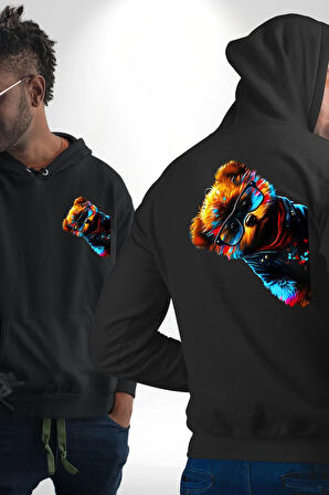 Cool Tedy Renkli Ayıcık Gözlük Erkek Kadın Siyah Ön Sırt Baskılı Kapüşonlu Sweatshirt Hoodie