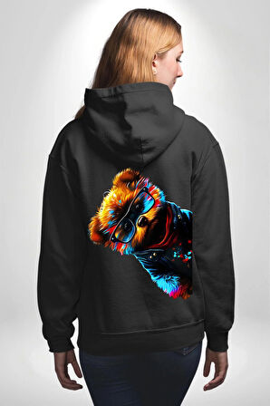 Cool Tedy Renkli Ayıcık Gözlük Erkek Kadın Siyah Ön Sırt Baskılı Kapüşonlu Sweatshirt Hoodie