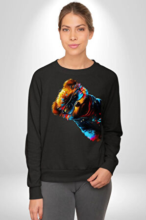 Cool Tedy Renkli Ayıcık Gözlük Erkek Kadın Unisex Dijital Baskılı Siyah Sweatshirt