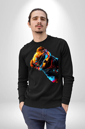 Cool Tedy Renkli Ayıcık Gözlük Erkek Kadın Unisex Dijital Baskılı Siyah Sweatshirt