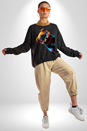 Cool Tedy Renkli Ayıcık Gözlük Erkek Kadın Unisex Dijital Baskılı Siyah Sweatshirt