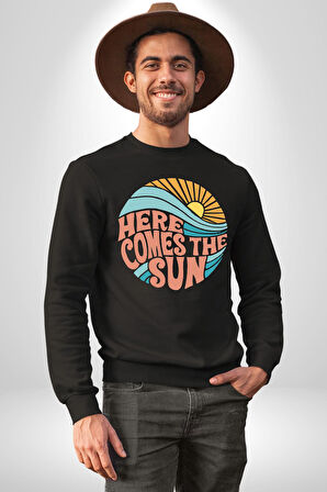 Yaz Tatili Güneş Geldi Tema Erkek Kadın Unisex Dijital Baskılı Siyah Sweatshirt