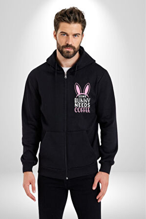 Bazı Pembe Tavşanların Kahveye İhtiyacı Var  Erkek Kadın Siyah Fermuarlı Baskılı Hırka Sweatshirt