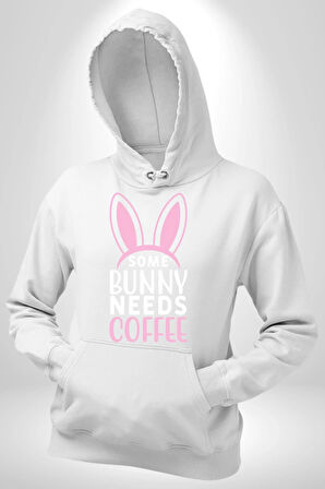 Bazı Pembe Tavşanların Kahveye İhtiyacı Var  Erkek Kadın Beyaz Dijital Baskılı Kapüşonlu Sweatshirt Hoodie