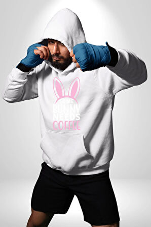 Bazı Pembe Tavşanların Kahveye İhtiyacı Var  Erkek Kadın Beyaz Dijital Baskılı Kapüşonlu Sweatshirt Hoodie