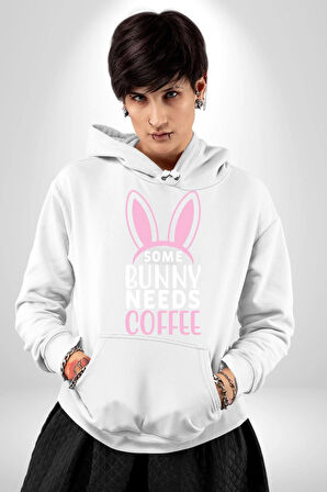 Bazı Pembe Tavşanların Kahveye İhtiyacı Var  Erkek Kadın Beyaz Dijital Baskılı Kapüşonlu Sweatshirt Hoodie