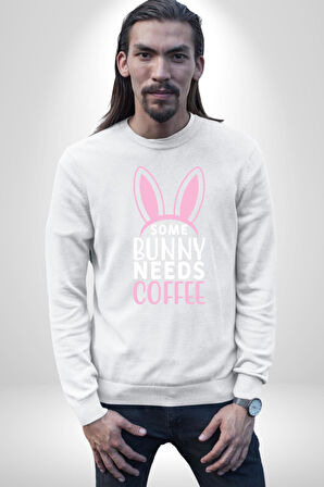 Bazı Pembe Tavşanların Kahveye İhtiyacı Var  Erkek Kadın Unisex Dijital Baskılı Beyaz Sweatshirt