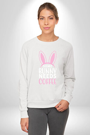 Bazı Pembe Tavşanların Kahveye İhtiyacı Var  Erkek Kadın Unisex Dijital Baskılı Beyaz Sweatshirt