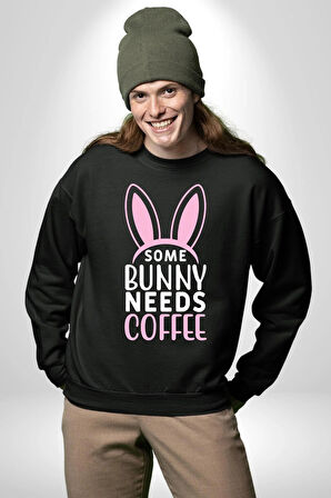 Bazı Pembe Tavşanların Kahveye İhtiyacı Var  Erkek Kadın Unisex Dijital Baskılı Siyah Sweatshirt