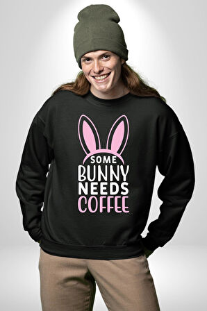 Bazı Pembe Tavşanların Kahveye İhtiyacı Var  Erkek Kadın Unisex Dijital Baskılı Siyah Sweatshirt
