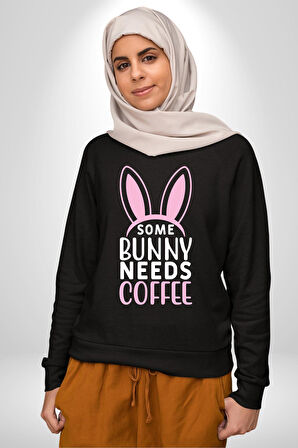 Bazı Pembe Tavşanların Kahveye İhtiyacı Var  Erkek Kadın Unisex Dijital Baskılı Siyah Sweatshirt