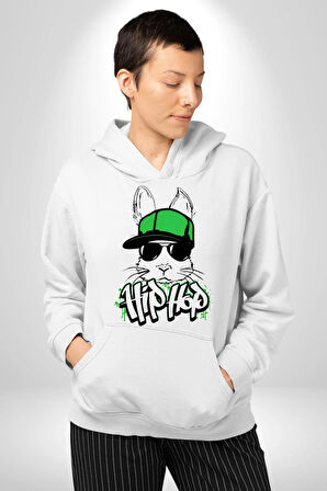Paskalya Tavşanı Hip Hop Yeşil Şapka Erkek Kadın Beyaz Dijital Baskılı Kapüşonlu Sweatshirt Hoodie