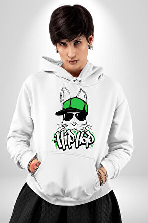 Paskalya Tavşanı Hip Hop Yeşil Şapka Erkek Kadın Beyaz Dijital Baskılı Kapüşonlu Sweatshirt Hoodie