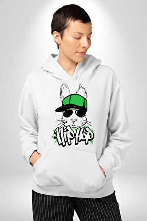Paskalya Tavşanı Hip Hop Yeşil Şapka Erkek Kadın Beyaz Dijital Baskılı Kapüşonlu Sweatshirt Hoodie