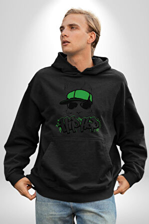 Paskalya Tavşanı Hip Hop Yeşil Şapka Erkek Kadın Siyah Dijital Baskılı Kapüşonlu Sweatshirt Hoodie