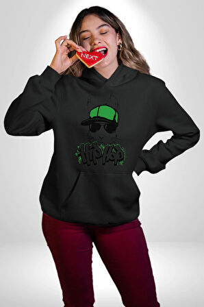 Paskalya Tavşanı Hip Hop Yeşil Şapka Erkek Kadın Siyah Dijital Baskılı Kapüşonlu Sweatshirt Hoodie