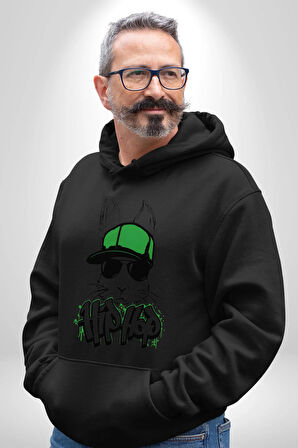 Paskalya Tavşanı Hip Hop Yeşil Şapka Erkek Kadın Siyah Dijital Baskılı Kapüşonlu Sweatshirt Hoodie