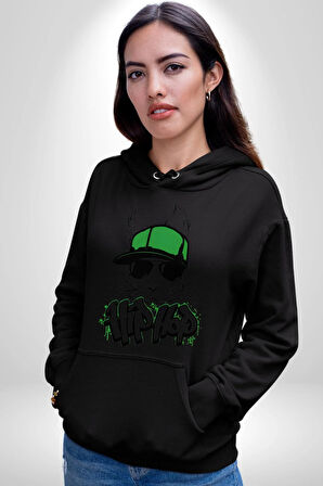 Paskalya Tavşanı Hip Hop Yeşil Şapka Erkek Kadın Siyah Dijital Baskılı Kapüşonlu Sweatshirt Hoodie