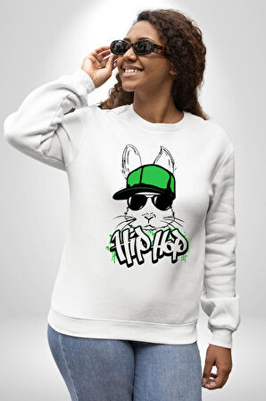 Paskalya Tavşanı Hip Hop Yeşil Şapka Erkek Kadın Unisex Dijital Baskılı Beyaz Sweatshirt