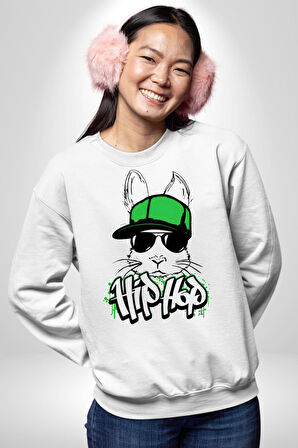Paskalya Tavşanı Hip Hop Yeşil Şapka Erkek Kadın Unisex Dijital Baskılı Beyaz Sweatshirt